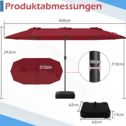 Doppelsonnenschirm mit Ständer Sonnenschirm UPF 50+ Gartenschirm 400 x 200 cm