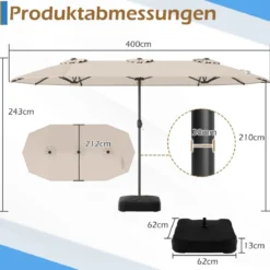 Doppelsonnenschirm mit Ständer Sonnenschirm UPF 50+ Gartenschirm 400 x 200 cm