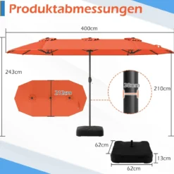 Doppelsonnenschirm mit Ständer Sonnenschirm UPF 50+ Gartenschirm 400 x 200 cm