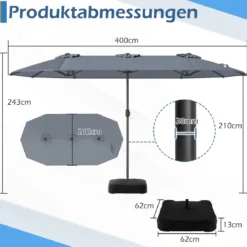 Doppelsonnenschirm mit Ständer Sonnenschirm UPF 50+ Gartenschirm 400 x 200 cm