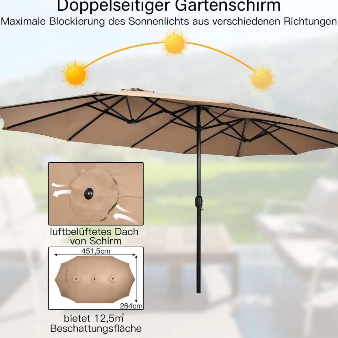 Doppelsonnenschirm mit Ständer & Kurbel & UPF 50+ Gartenschirm 451,5 x 264 cm Braun