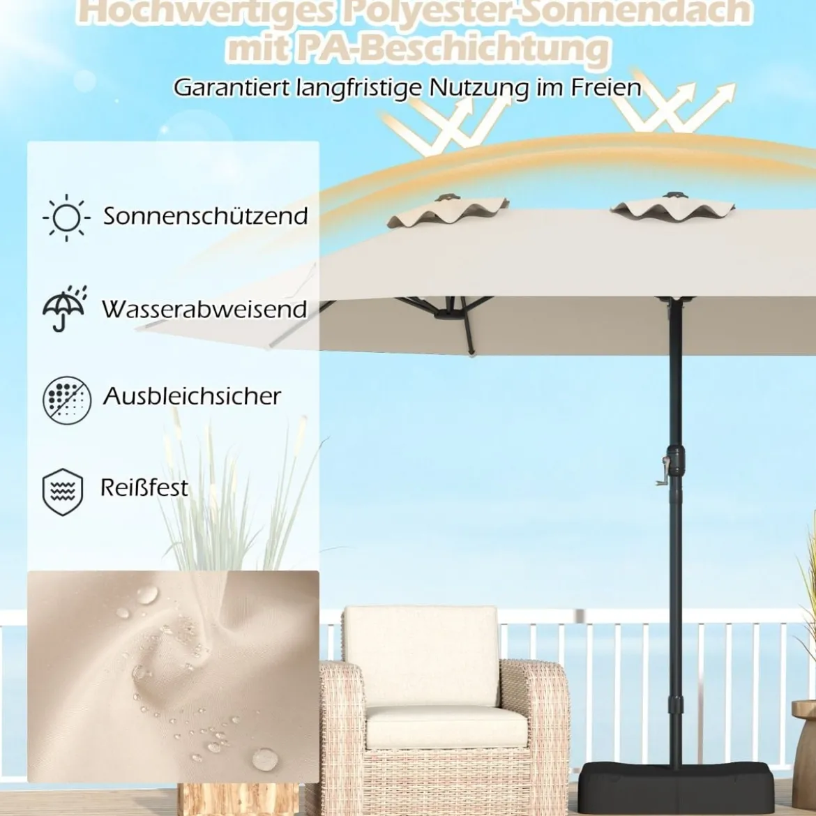 Doppelsonnenschirm mit Ständer & UPF 50+ & Kurbel Sonnenschirm Gartenschirm 443 x 263 cm