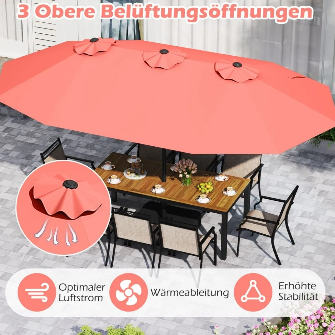 Doppelsonnenschirm mit Ständer & UPF 50+ & Kurbel Sonnenschirm Gartenschirm 443 x 263 cm