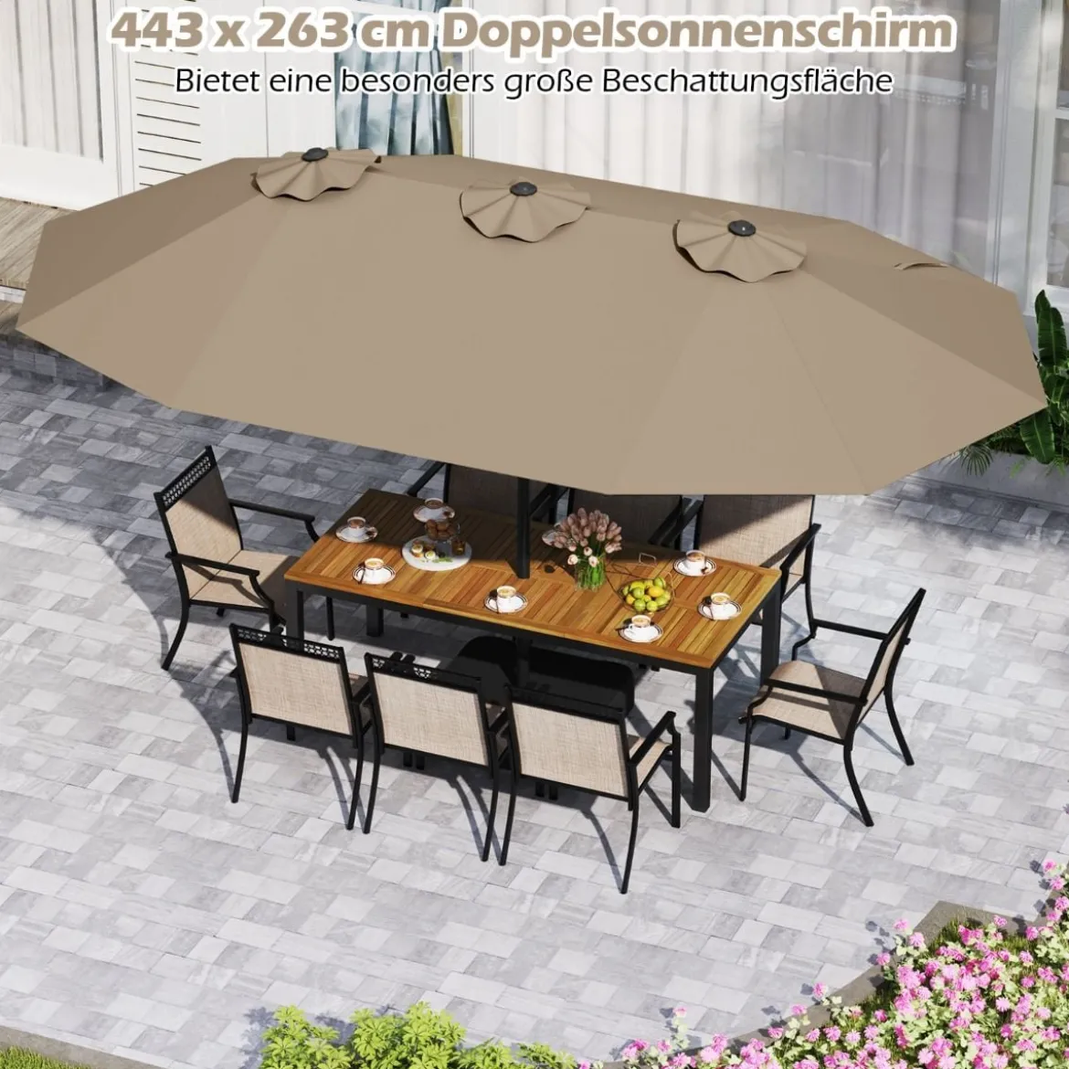 Doppelsonnenschirm mit Ständer & UPF 50+ & Kurbel Sonnenschirm Gartenschirm 443 x 263 cm
