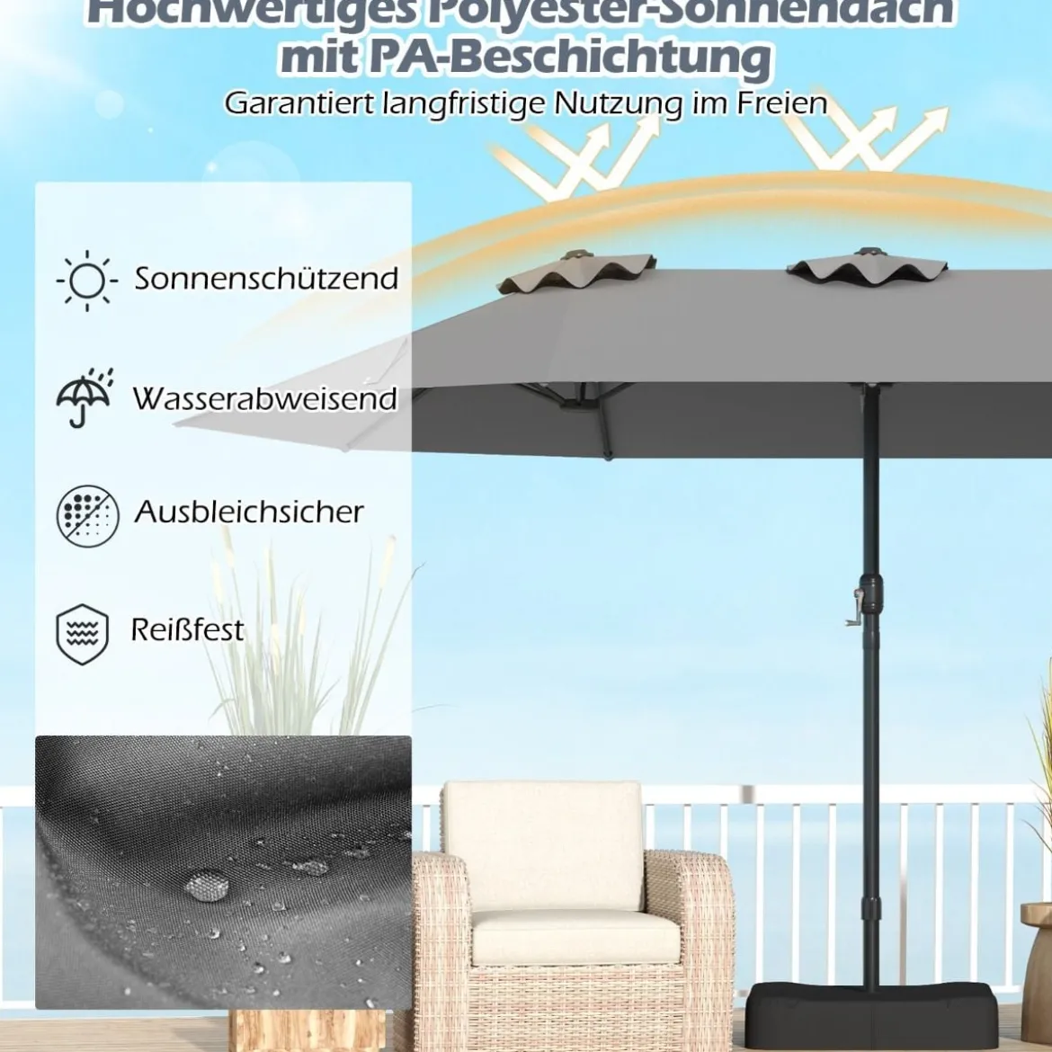 Doppelsonnenschirm mit Ständer & UPF 50+ & Kurbel Sonnenschirm Gartenschirm 443 x 263 cm
