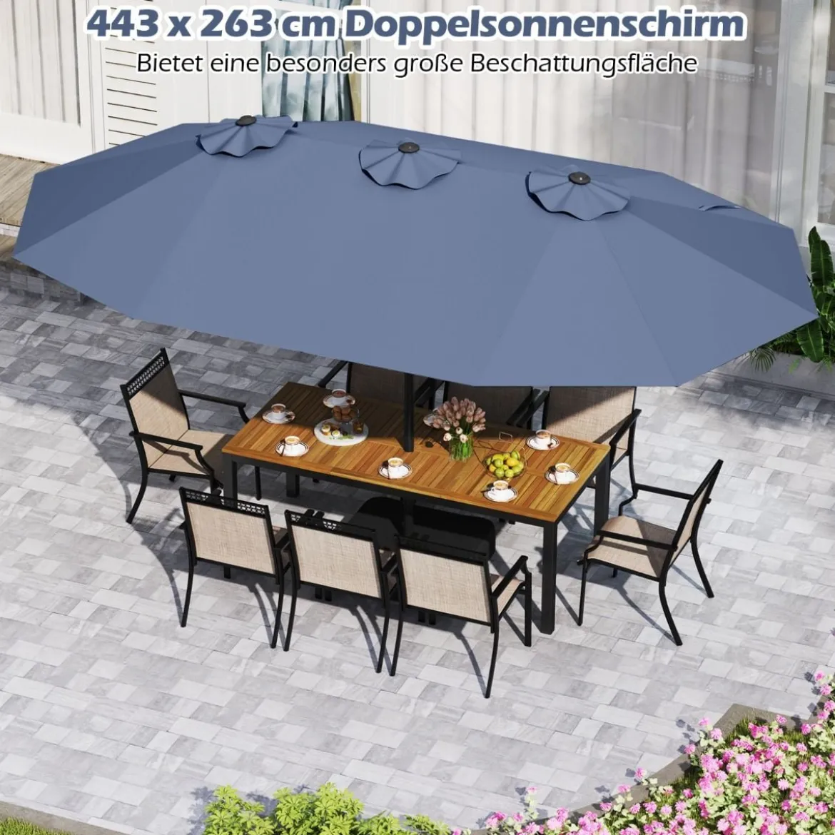Doppelsonnenschirm mit Ständer & UPF 50+ & Kurbel Sonnenschirm Gartenschirm 443 x 263 cm