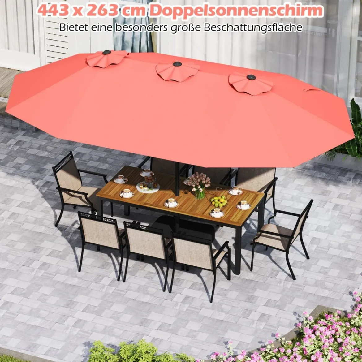 Doppelsonnenschirm mit Ständer & UPF 50+ & Kurbel Sonnenschirm Gartenschirm 443 x 263 cm
