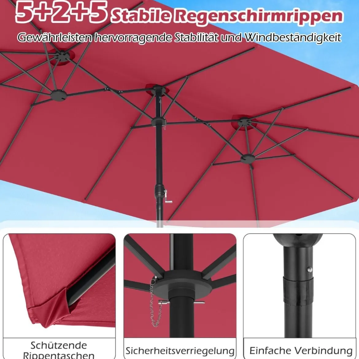 Doppelsonnenschirm mit Ständer & UPF 50+ & Kurbel Sonnenschirm Gartenschirm 443 x 263 cm