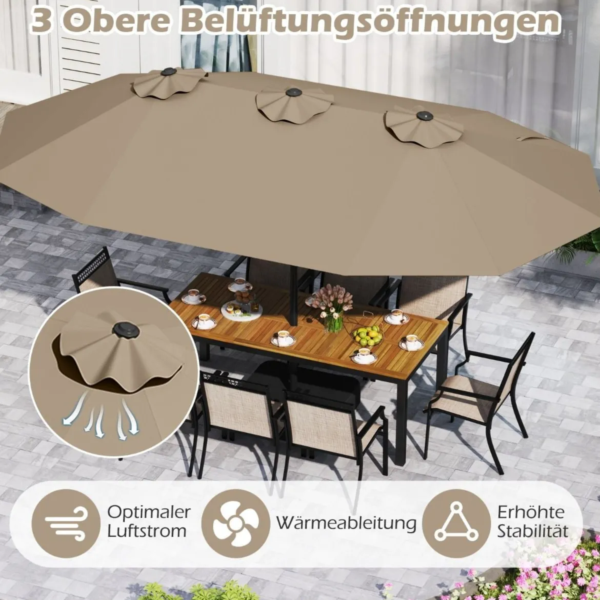 Doppelsonnenschirm mit Ständer & UPF 50+ & Kurbel Sonnenschirm Gartenschirm 443 x 263 cm