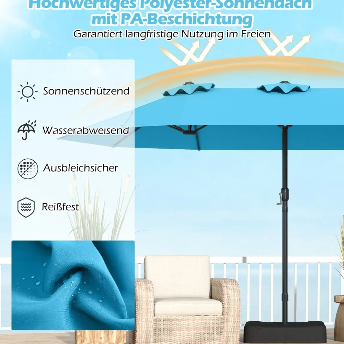 Doppelsonnenschirm mit Ständer & UPF 50+ & Kurbel Sonnenschirm Gartenschirm 443 x 263 cm