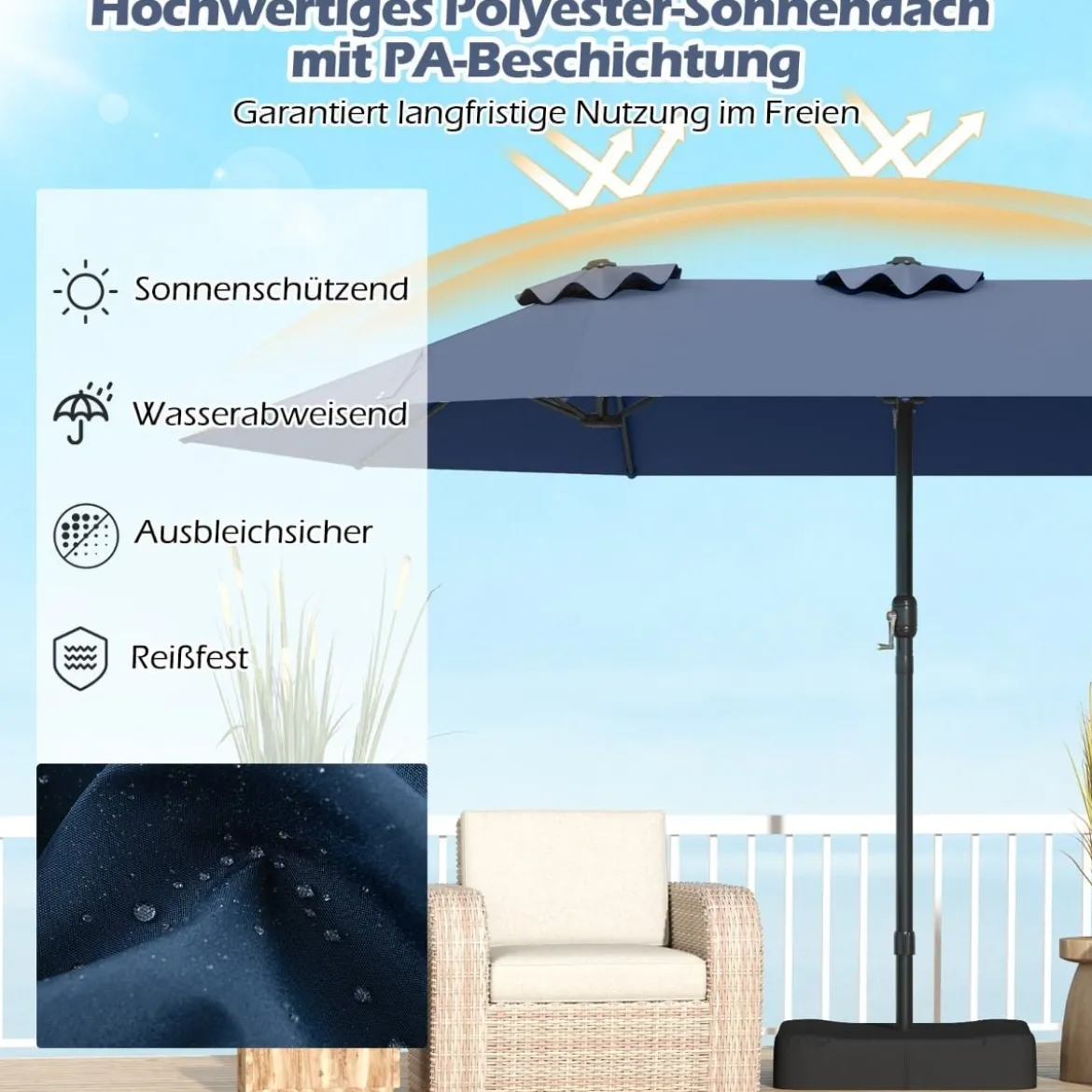 Doppelsonnenschirm mit Ständer & UPF 50+ & Kurbel Sonnenschirm Gartenschirm 443 x 263 cm