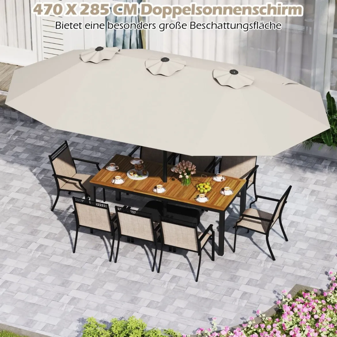 Doppelsonnenschirm mit Ständer & UPF 50+ & Kurbel Sonnenschirm Gartenschirm 443 x 263 cm