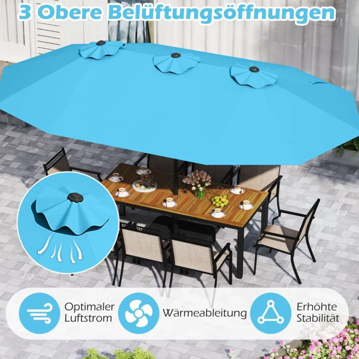 Doppelsonnenschirm mit Ständer & UPF 50+ & Kurbel Sonnenschirm Gartenschirm 443 x 263 cm