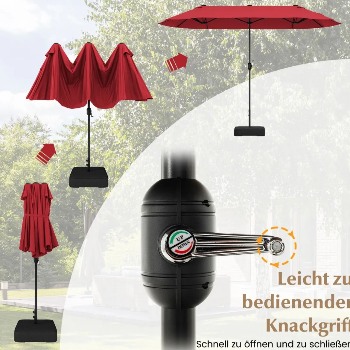Doppelsonnenschirm mit Ständer & UPF 50+ & Kurbel Sonnenschirm Gartenschirm Marktschirm