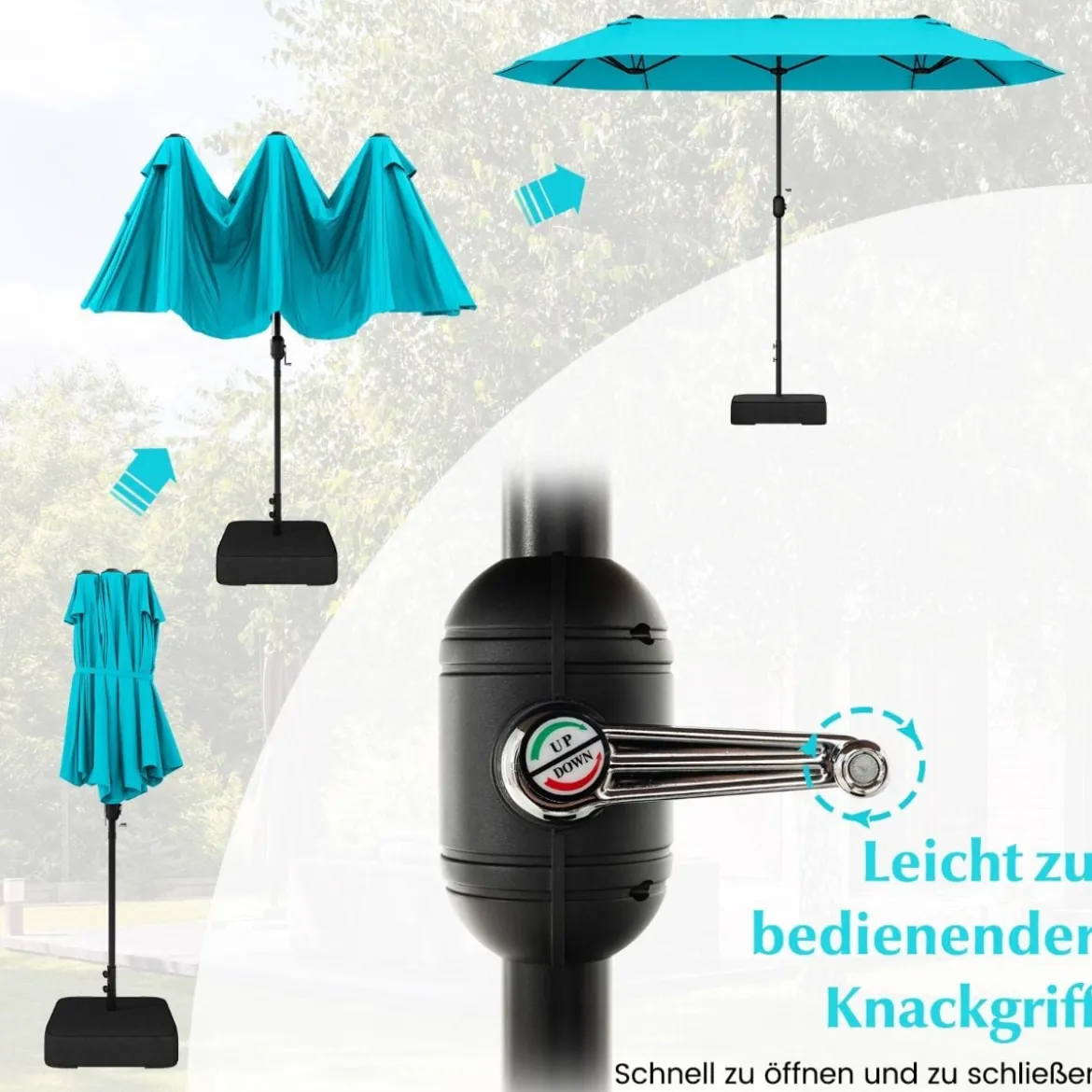 Doppelsonnenschirm mit Ständer & UPF 50+ & Kurbel Sonnenschirm Gartenschirm Marktschirm