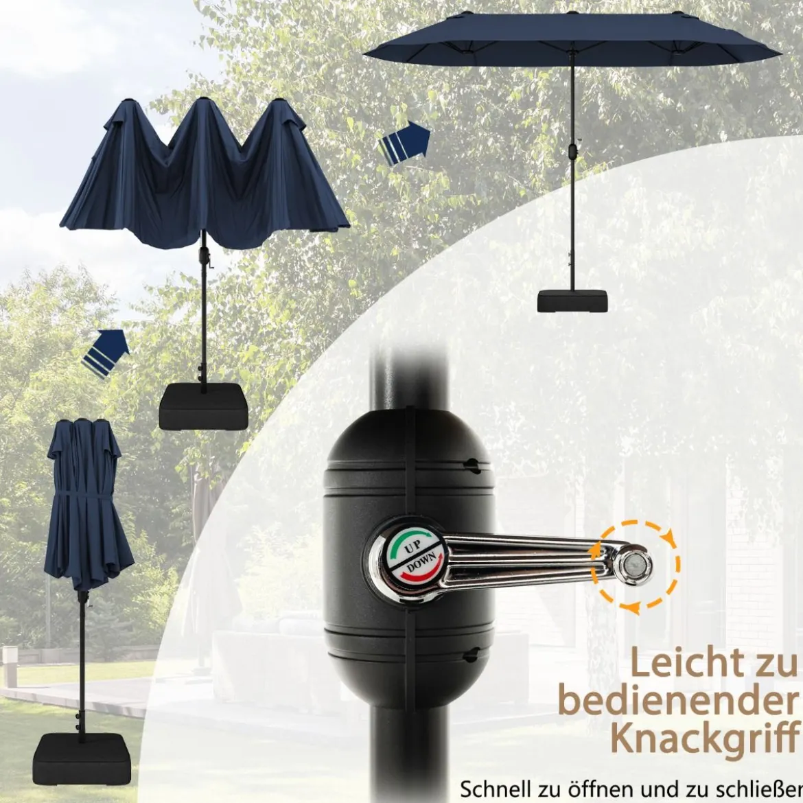 Doppelsonnenschirm mit Ständer & UPF 50+ & Kurbel Sonnenschirm Gartenschirm Marktschirm