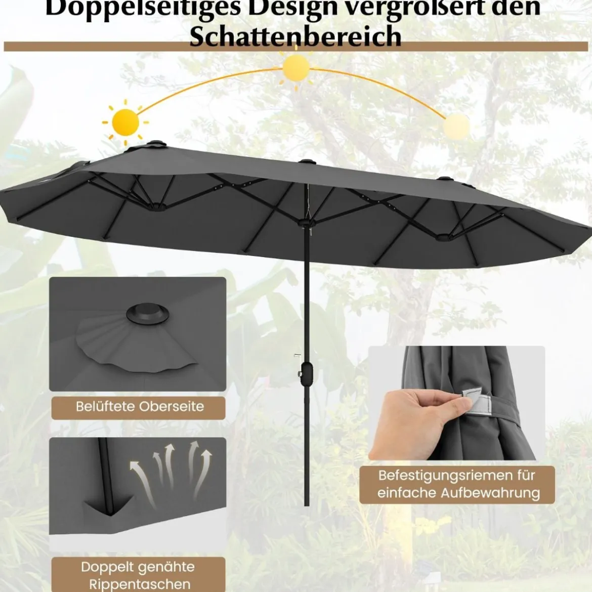 Doppelsonnenschirm mit Ständer & UPF 50+ & Kurbel Sonnenschirm Gartenschirm Marktschirm