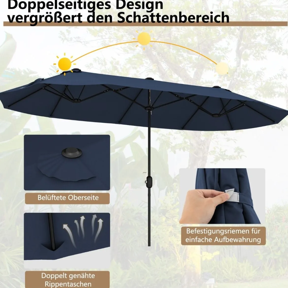 Doppelsonnenschirm mit Ständer & UPF 50+ & Kurbel Sonnenschirm Gartenschirm Marktschirm