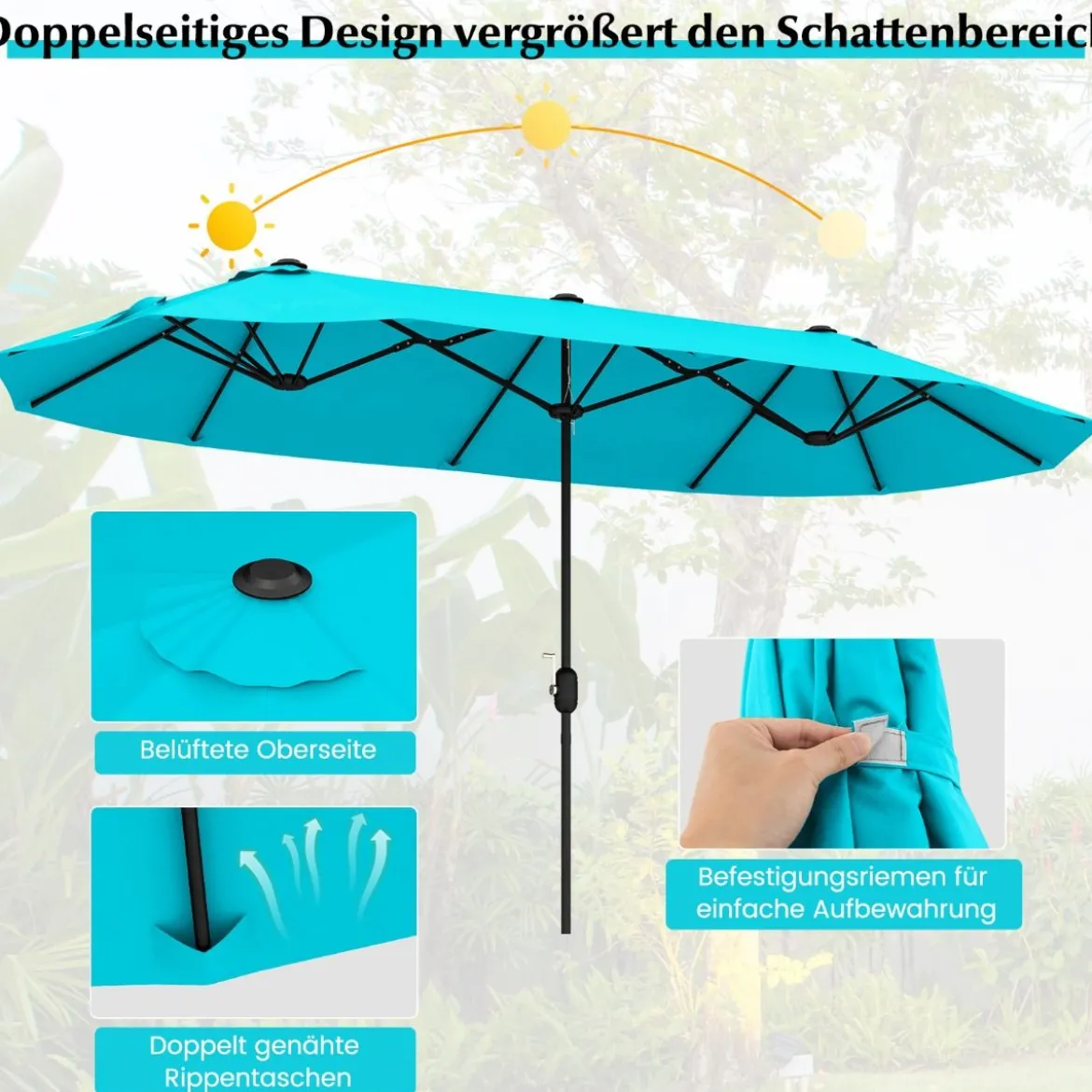 Doppelsonnenschirm mit Ständer & UPF 50+ & Kurbel Sonnenschirm Gartenschirm Marktschirm