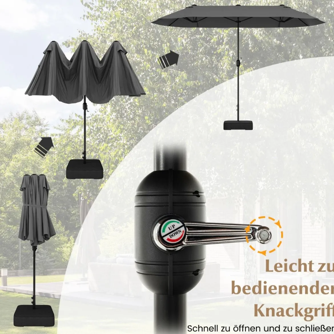 Doppelsonnenschirm mit Ständer & UPF 50+ & Kurbel Sonnenschirm Gartenschirm Marktschirm
