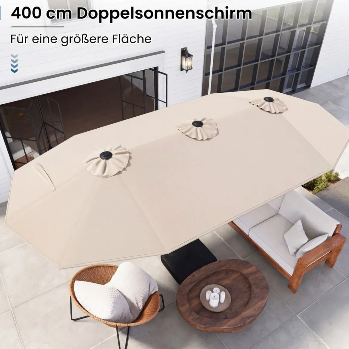 Doppelsonnenschirm mit Ständer & LED-Leuchten & UPF 50+ Sonnenschirm Gartenschirm