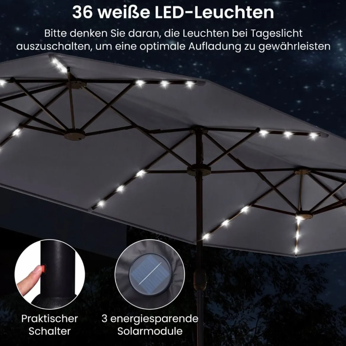 Doppelsonnenschirm mit Ständer & LED-Leuchten & UPF 50+ Sonnenschirm Gartenschirm
