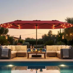 Doppelsonnenschirm mit Ständer & LED-Leuchten & UPF 50+ Sonnenschirm Gartenschirm
