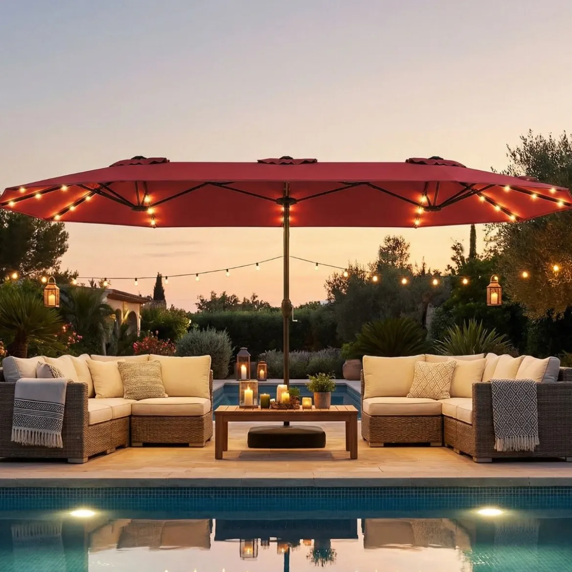 Doppelsonnenschirm mit Ständer & LED-Leuchten & UPF 50+ Sonnenschirm Gartenschirm