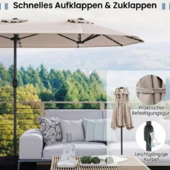 Doppelsonnenschirm mit Ständer & LED-Leuchten & UPF 50+ Sonnenschirm Gartenschirm
