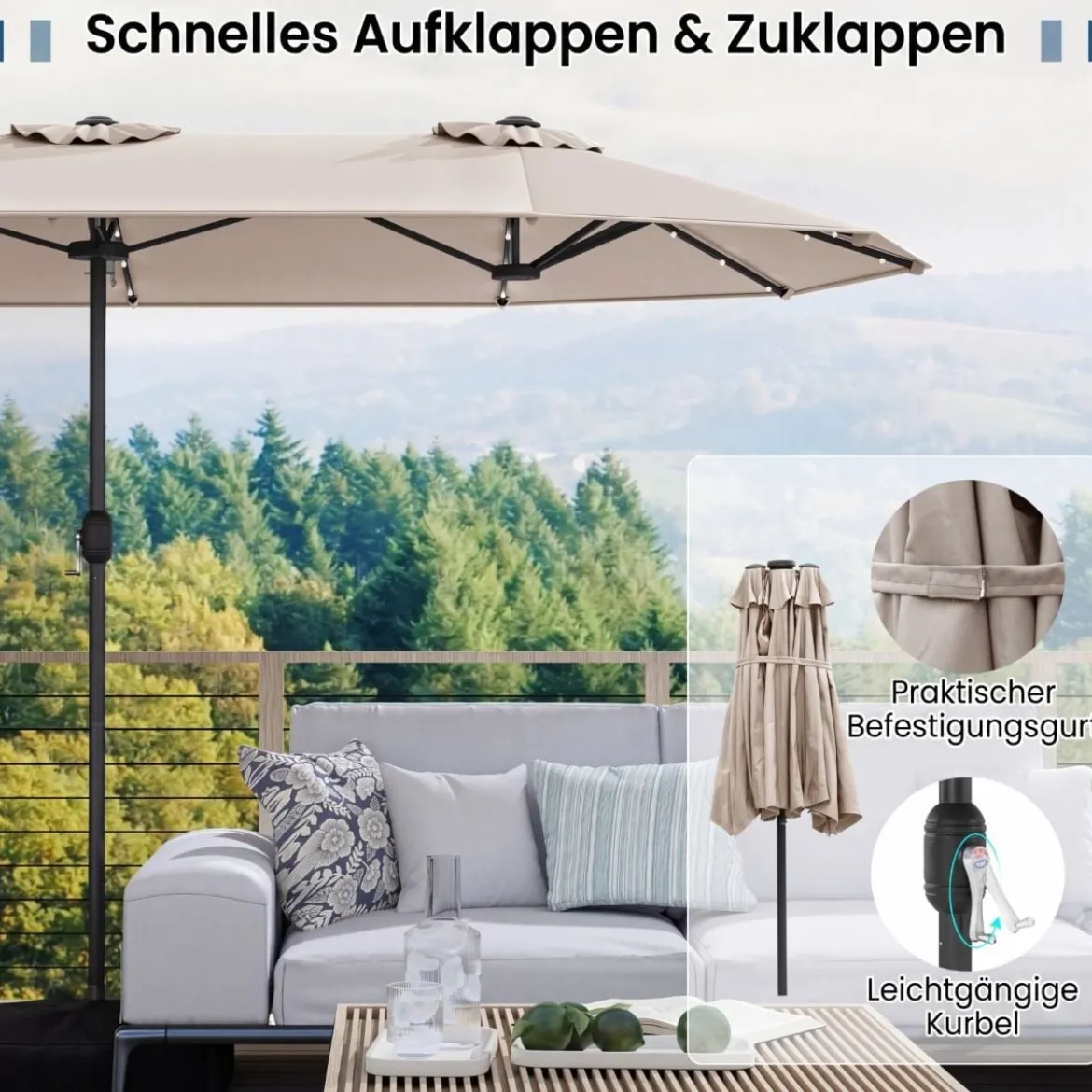 Doppelsonnenschirm mit Ständer & LED-Leuchten & UPF 50+ Sonnenschirm Gartenschirm