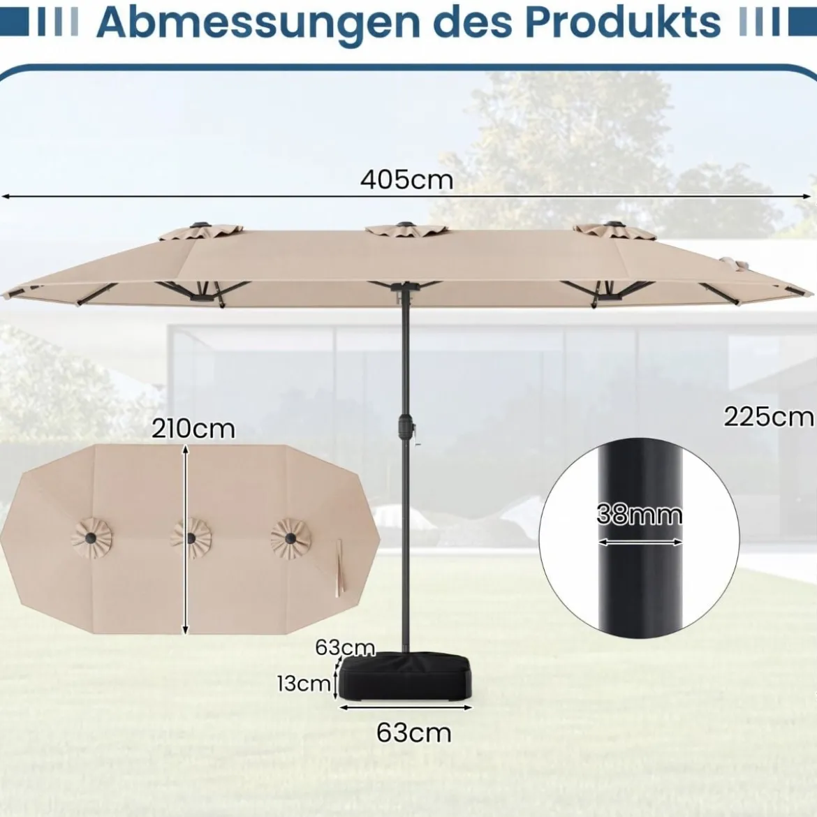 Doppelsonnenschirm mit Ständer & LED-Leuchten & UPF 50+ Sonnenschirm Gartenschirm