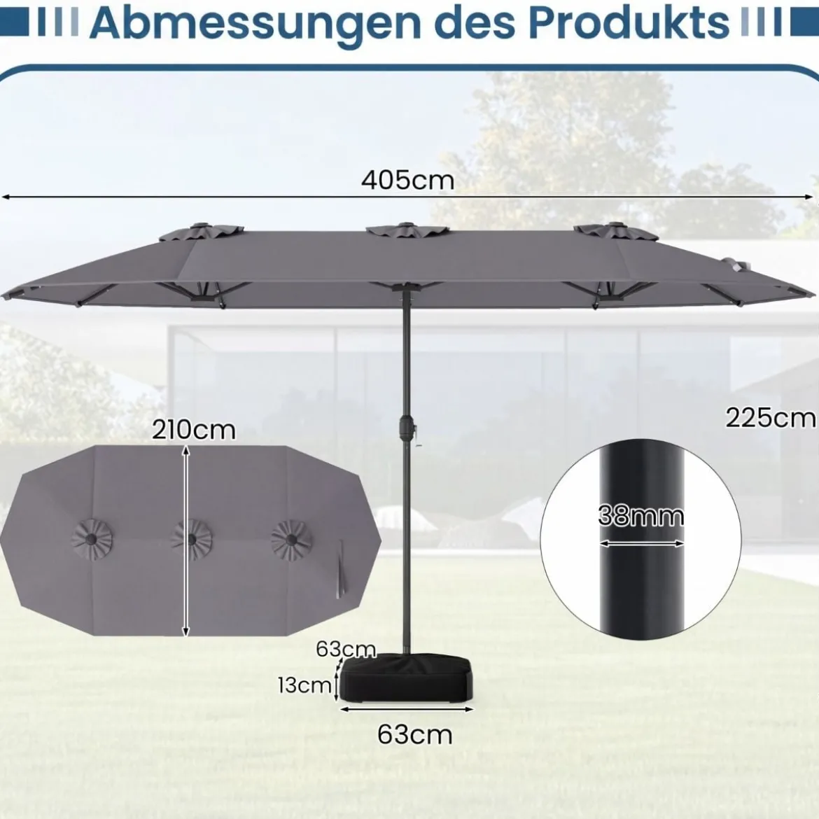 Doppelsonnenschirm mit Ständer & LED-Leuchten & UPF 50+ Sonnenschirm Gartenschirm