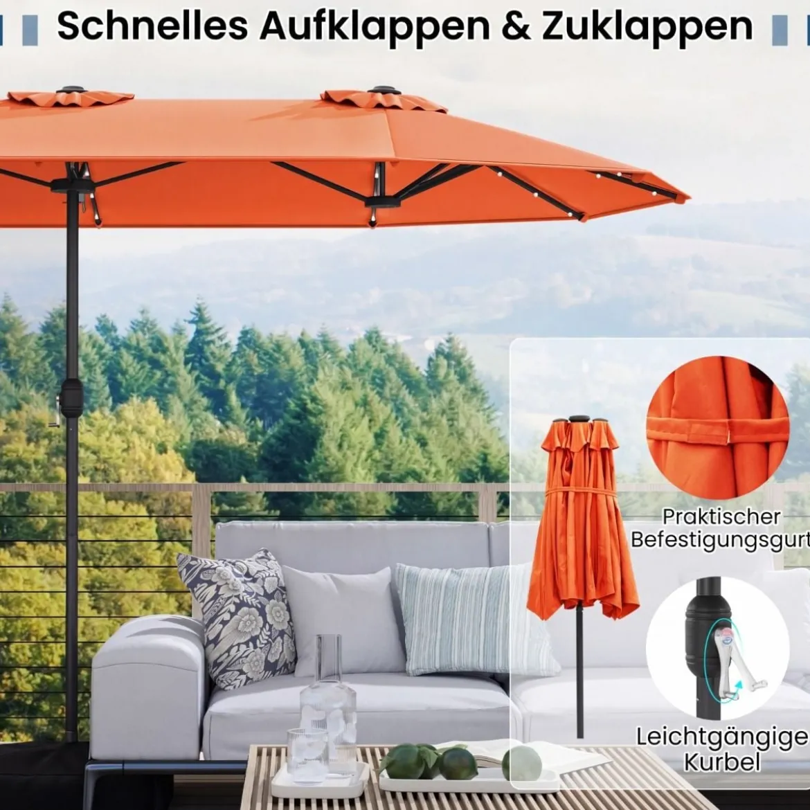 Doppelsonnenschirm mit Ständer & LED-Leuchten & UPF 50+ Sonnenschirm Gartenschirm