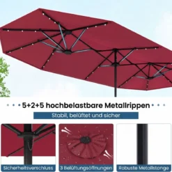 Doppelsonnenschirm mit Ständer & LED-Leuchten & UPF 50+ Sonnenschirm Gartenschirm