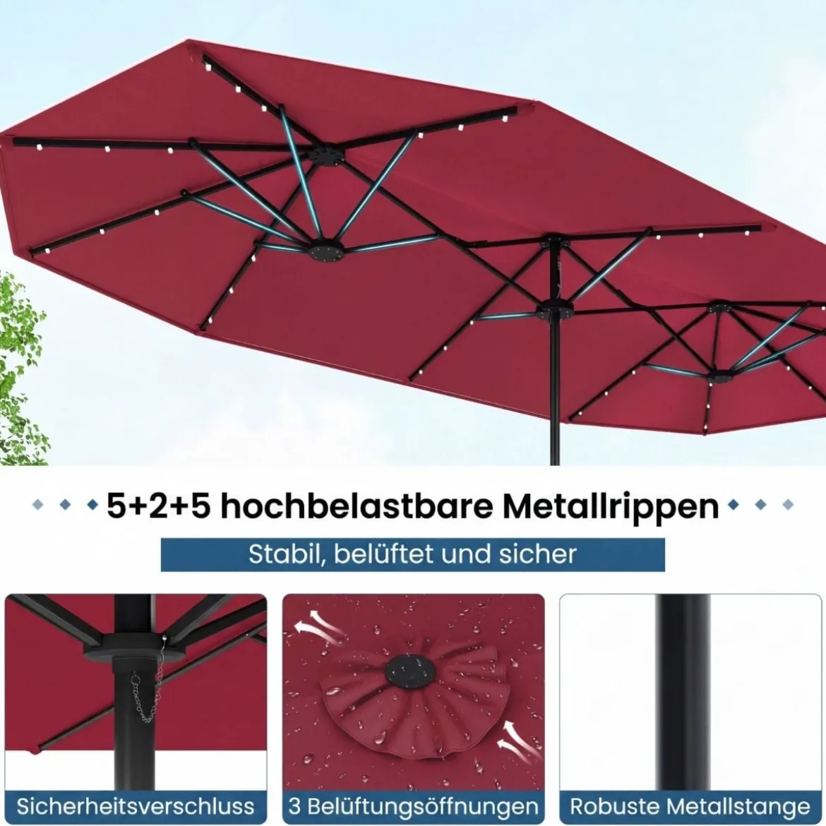 Doppelsonnenschirm mit Ständer & LED-Leuchten & UPF 50+ Sonnenschirm Gartenschirm