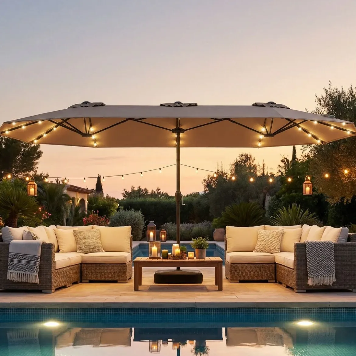 Doppelsonnenschirm mit Ständer & LED-Leuchten & UPF 50+ Sonnenschirm Gartenschirm