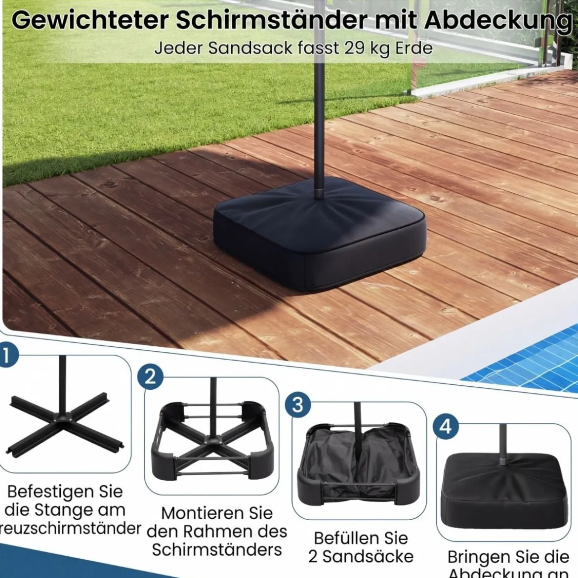 Doppelsonnenschirm mit Ständer & LED-Leuchten & UPF 50+ Sonnenschirm Gartenschirm