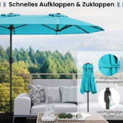 Doppelsonnenschirm mit Ständer & LED-Leuchten & UPF 50+ Sonnenschirm Gartenschirm