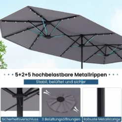 Doppelsonnenschirm mit Ständer & LED-Leuchten & UPF 50+ Sonnenschirm Gartenschirm