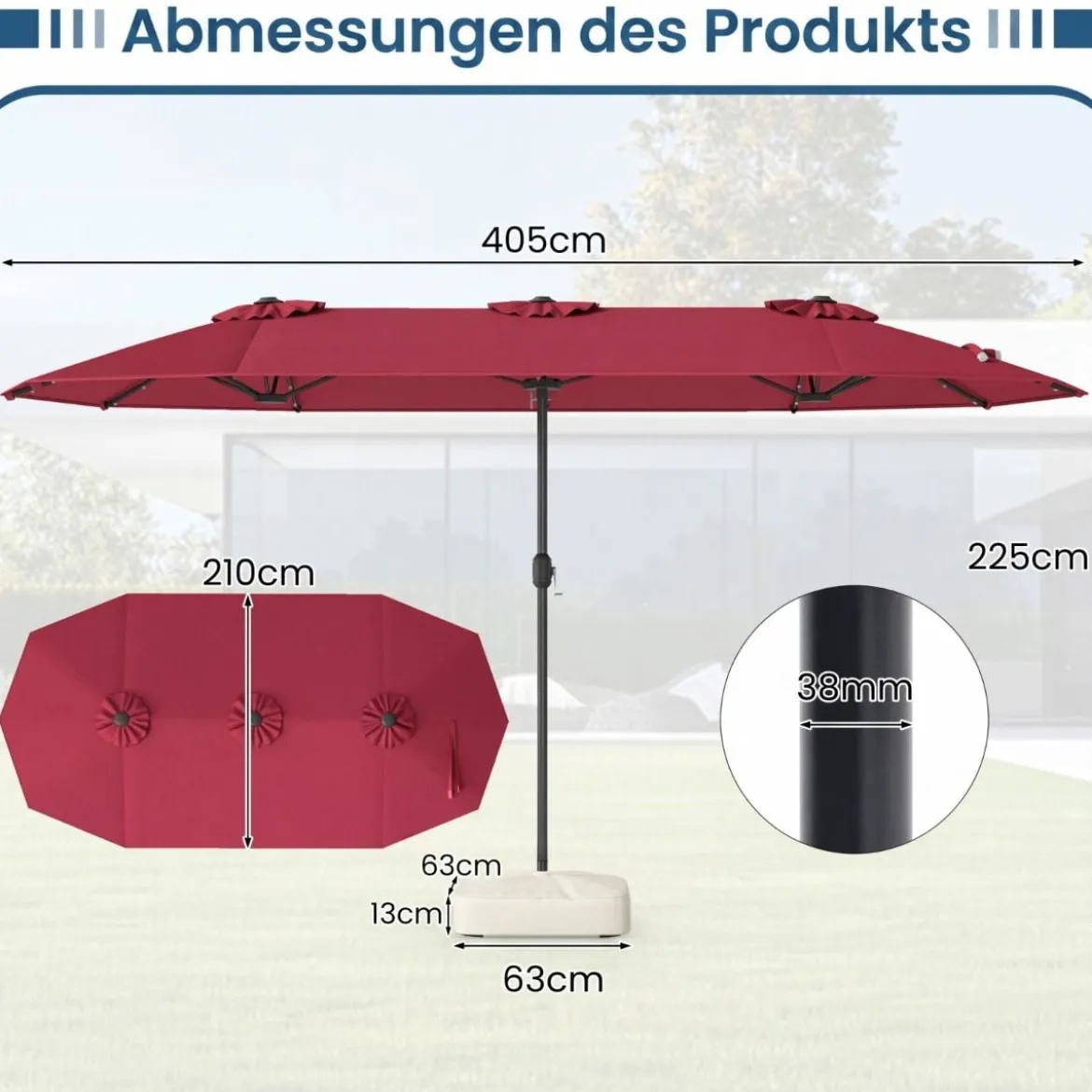 Doppelsonnenschirm mit Ständer & LED-Leuchten & UPF 50+ Sonnenschirm Gartenschirm