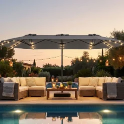 Doppelsonnenschirm mit Ständer & LED-Leuchten & UPF 50+ Sonnenschirm Gartenschirm