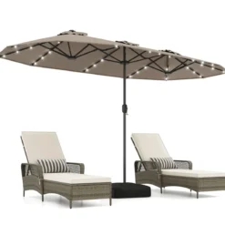 Doppelsonnenschirm mit Ständer & LED-Leuchten & UPF 50+ Sonnenschirm Gartenschirm