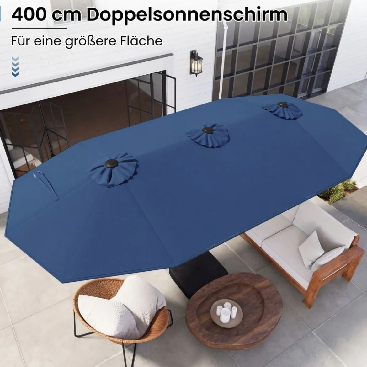 Doppelsonnenschirm mit Ständer & LED-Leuchten & UPF 50+ Sonnenschirm Gartenschirm