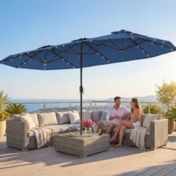 Doppelsonnenschirm mit Ständer & LED-Leuchten & UPF 50+ Sonnenschirm Gartenschirm
