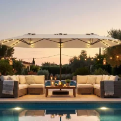 Doppelsonnenschirm mit Ständer & LED-Leuchten & UPF 50+ Sonnenschirm Gartenschirm