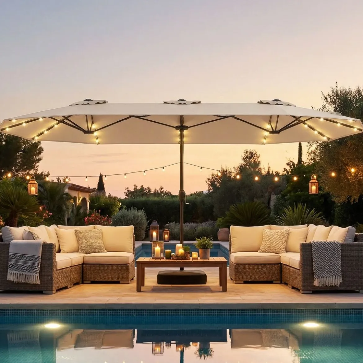 Doppelsonnenschirm mit Ständer & LED-Leuchten & UPF 50+ Sonnenschirm Gartenschirm