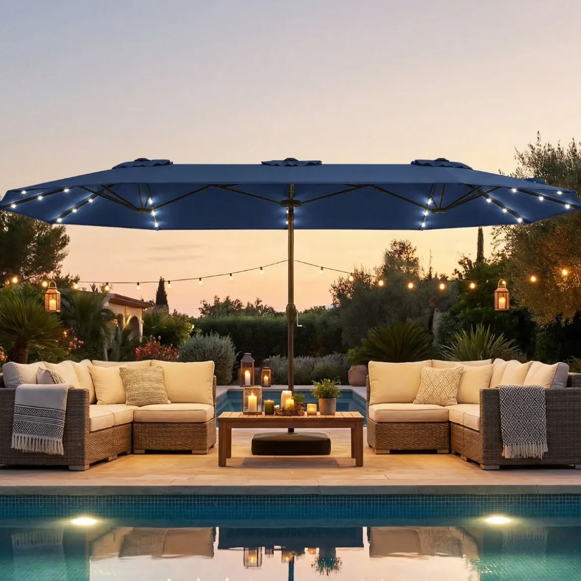 Doppelsonnenschirm mit Ständer & LED-Leuchten & UPF 50+ Sonnenschirm Gartenschirm