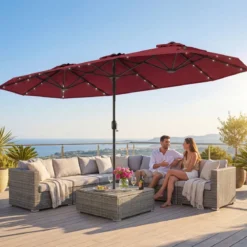 Doppelsonnenschirm mit Ständer & LED-Leuchten & UPF 50+ Sonnenschirm Gartenschirm