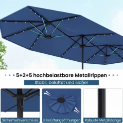 Doppelsonnenschirm mit Ständer & LED-Leuchten & UPF 50+ Sonnenschirm Gartenschirm