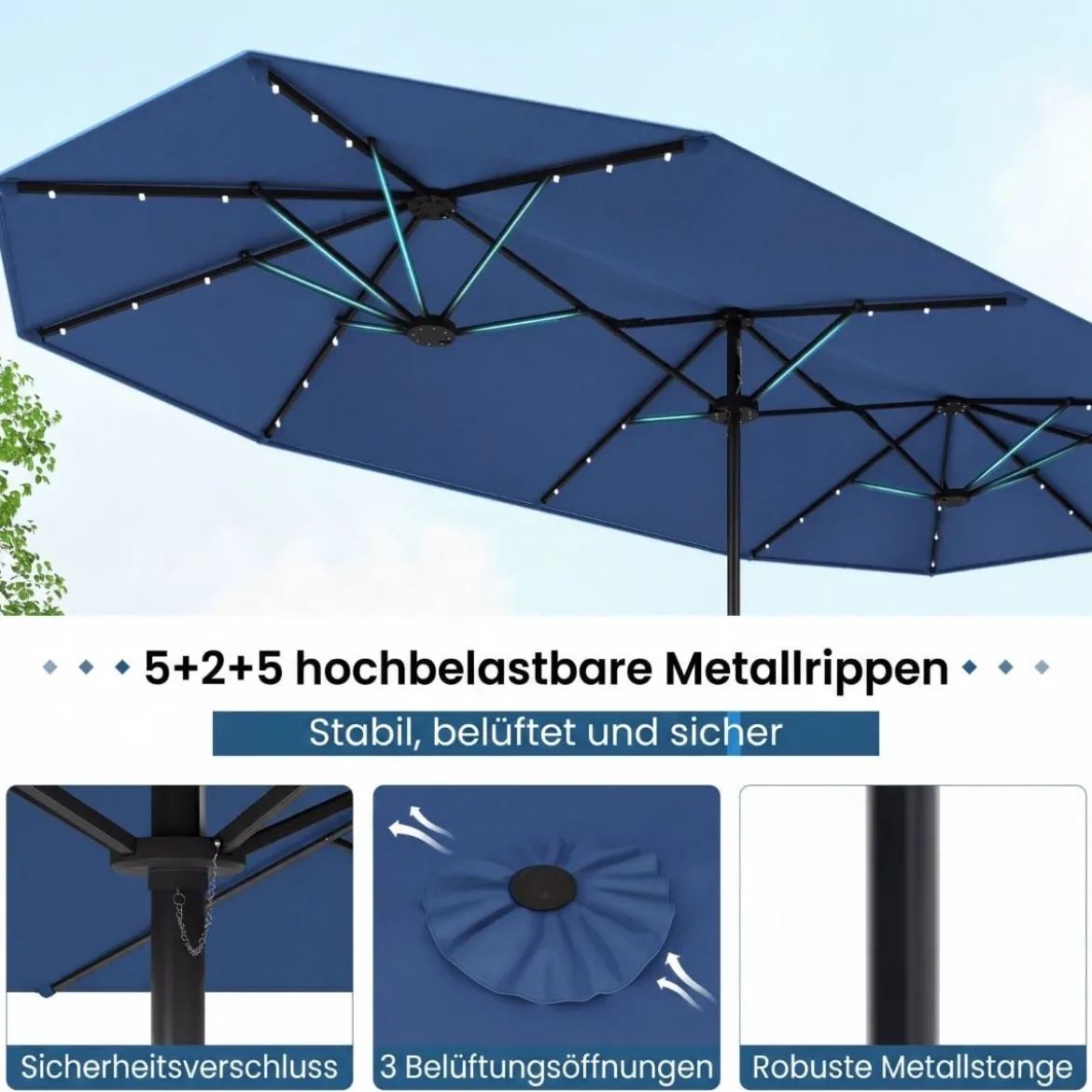 Doppelsonnenschirm mit Ständer & LED-Leuchten & UPF 50+ Sonnenschirm Gartenschirm
